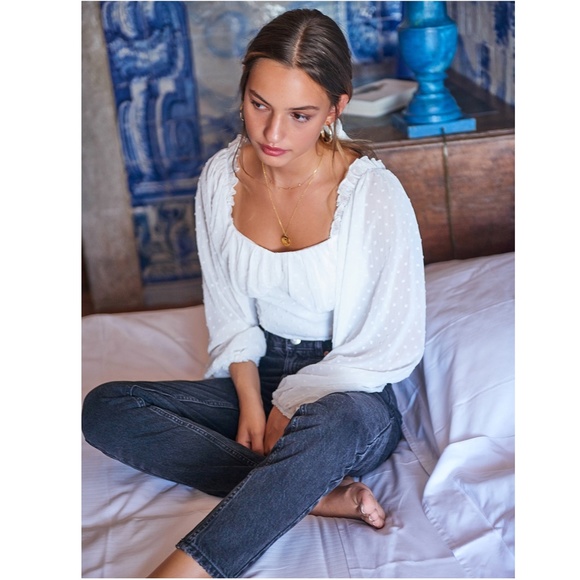 White Swiss Dot Sheer Sleeve Crop Blouse Top - Picture 4 of 11